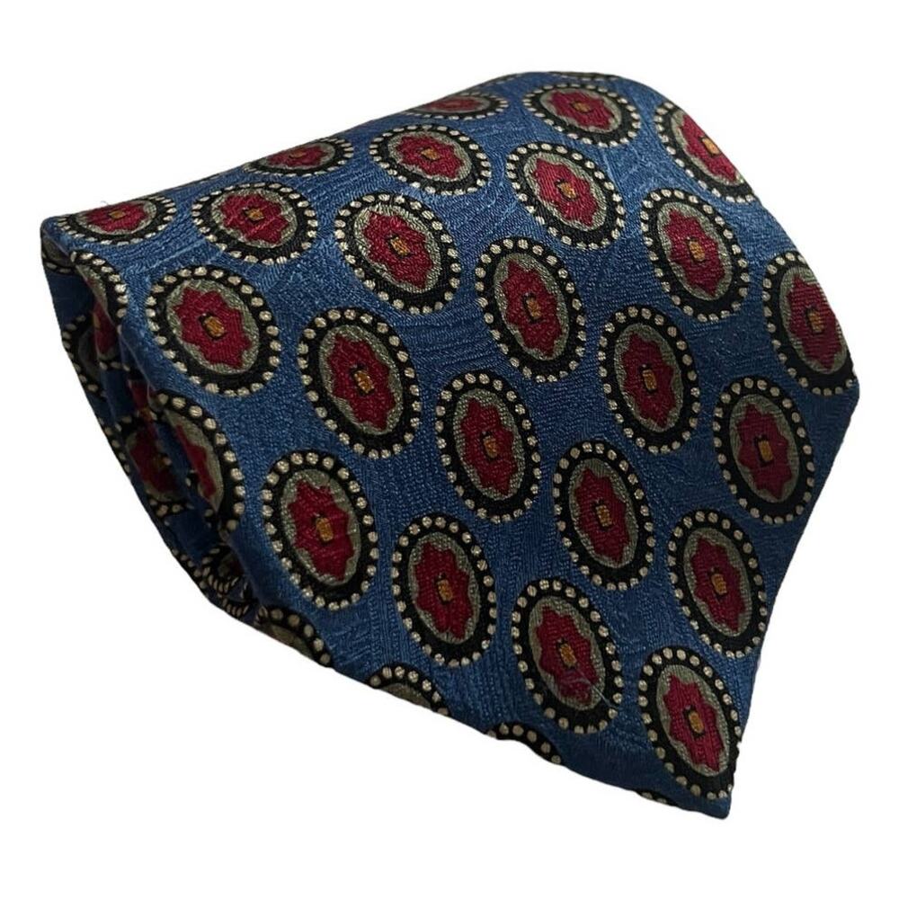 Burberrys of London Vintage Blue Black Tan Circles Red Poppy Floral Silk Tie